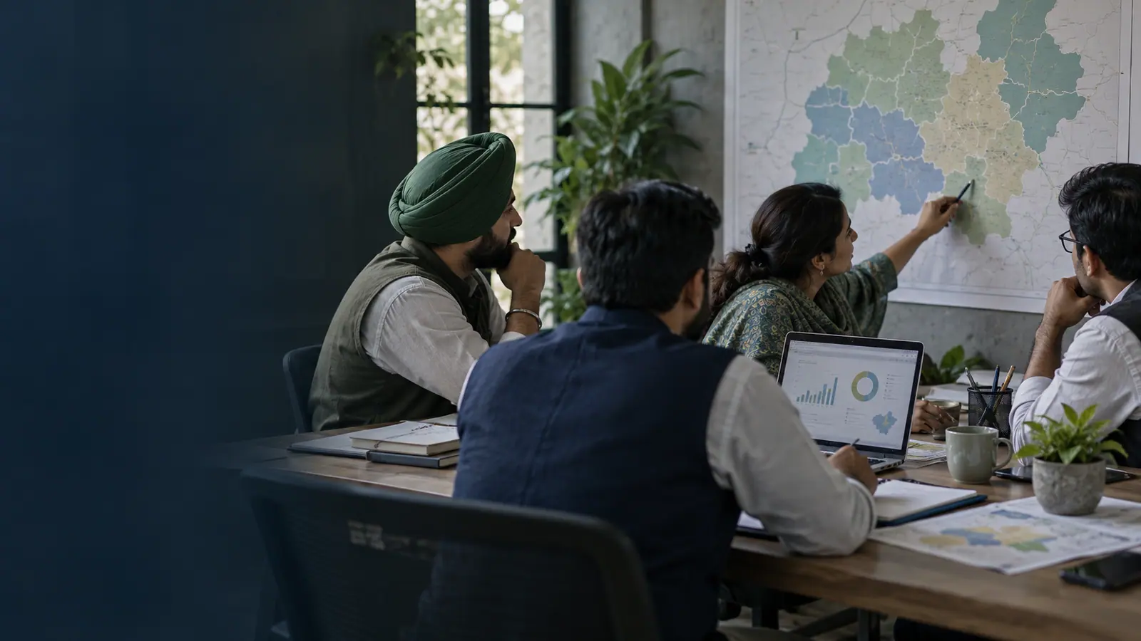 Illustrative campaign team reviewing a constituency outreach map